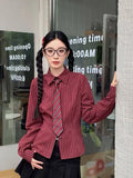 Slim Vintage Striped Tie Shirt Women Fall Long Sleeve American Preppy Style Blouse Casual Female Turn Town Collar Retro Tops New