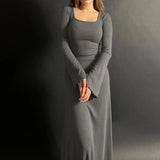 Elegant Frill Knit Square Neck Long Dress