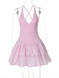 High Waist Ruffled Dress For Women Sexy V neck Halter Backless Suspender Dress Fashion Splice Solid A-line Mini Dress
