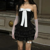 Black Strapless Bow Ruffles Tiered Dress
