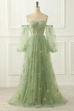 Pbong  Sweetheart Floor Length Tulle Appliques Three Quarter Backless Zipper Up Green Robe Pour Mariage Invité
