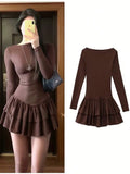Pbong  Women's Long Sleeve Ruffled Hem Short Dress, Autumn Fashion, Slim Fit, Solid Color