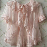 Pbong  Japanese Elegant Vintage Lolita Blouses Women Gothic Ruffles Bunny Ear Short Shirt Coat Kawaii Sweet Chiffon Thin Jsk Inside Top