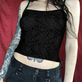 Y2K Mesh Lace Top Gothic High Street Club Sleeveless Sexy Backless Ruffle Crop Top Hip Hop  Ropa De Mujer