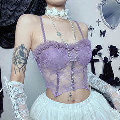 Gothic Lace See Through Corset Tank Women Tube Tops Camisole Purple Cropped Top Sexy Vintage Aesthetic Skinny Vest