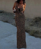 Women New Y2K Elegant Leopard Printed Maxi Dresses Backless Skinny Spaghetti Strap Lace-up Slim Vintage Robe Dress