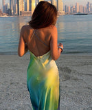 Satin Print Sexy Maxi Bodycon Beach Dress Summer Women Dye Tie Backless Elegant Party Dresses Holiday Outfits