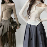 Chic Design Asymmetical O Neck Hollow Out Tops Front Cross Draped Office Lady French Shirts Y2k Harajuku American Punk Clothes