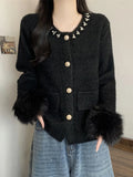 Elegant Pearls Sweet Cardigan Women Vintage O Neck Faux Mink Cashmere Knitted Sweaters Korean Casual Long Sleeve Loose Tops