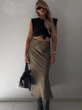 White High Waist Slim Maxi Skirt For Women Satin Fashion Elegant Solid Patchwork Casual Clothes Summer Long Skirt New