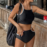 Pbong  New Solid Color Split Bikini Women High Waist Covering Black White Contrasting Swimsuit Spicy Girl Hollow Hip Vacation Swimwear