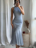 Sleeveless Party Fashion Long Dress Vestidos Solid Color Gray Blue O-neck Solid Color Fishtail Dress 2025 New Female Clothes
