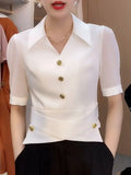 Pbong  Women's Polo Collar Short Sleeve Shirt Summer Slim Fit Premium Versatile Casual Tops High End Texture