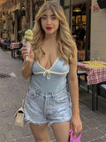 Knitted Deep V-neck Bow Women Crop Top Blue Patchwork Spaghetti Strap Tank Top Female Spring Slim Casual Streetwear