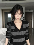 V Neck Vintage Striped Sweater Women Sexy Slim Long Sleeve Y2K Knitted Jumper American Retro Harajuku Letter Fall Pullover