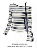 Korean Vintage Off Shoulder Striped Top Women 100% Ribbed Cotton Long sleeve T shirt Spring Autumn Basic Tees 2025 New
