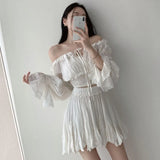 Flare Sleeve Slack Neck Shirts+Ruffle Short Skirt Sets Summer Slim Embroidery Lace Crop Top Sweet Pleat A-line Skirt 2 Piece Set