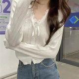 Women's Pointelle Knit Cardigan with Bow Long Sleeve Button Front Sweater Openwork Cardi Teen-girl Fairycore Balletcore Outfit