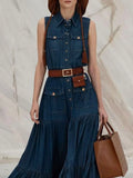 Women's Vintage Pleated A-Line Tank Dress High Street Casual Summer Fashion Denim with Turn down Collar And Pockets Style