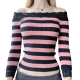 Pbong  Women Long Sleeve Knit Tops Off-Shoulder Striped Casual Pullovers Sweater Fall Shirts  Y2K Aesthetic Clothes Streetwear