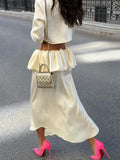Pbong   Elegant Solid Top Skirt Women's Set Fashion O-neck Button Long Sleeve Blouse Ruffles Skirts Summer Autumn Vacation Lady New