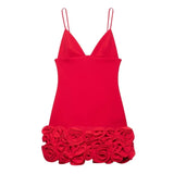 Fashiona 3D Red Flower Short Dress V-neck Zipper Sexy Holiday Party Dress For Summer New Tight Vestidos Woman Clothing