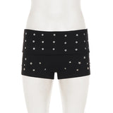 Pbong  Women's Casual Eyelets Flip Back Knitted Shorts Y2K Aesthetics Slimming Metal Diamond Decorate Mini Bottom Summer Versatile Wear