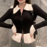 Y2K Zipper Front Rib Knit Top for Women Contrast Fuzzy Collared Zip-Up Sweater Crop Cardigan Autumn Winter Teen-girl 90s Outfit