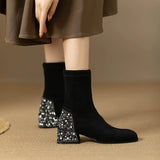 Pbong  new square head boots elegant pearl rhinestone thick heel suede single boots female short boots hundred