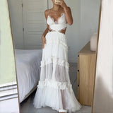 Women Maxi Dresses Summer White Chiffon Solid V-neck Strap Backless Long Elegant Vintage Bridesmaid Wedding Dresses