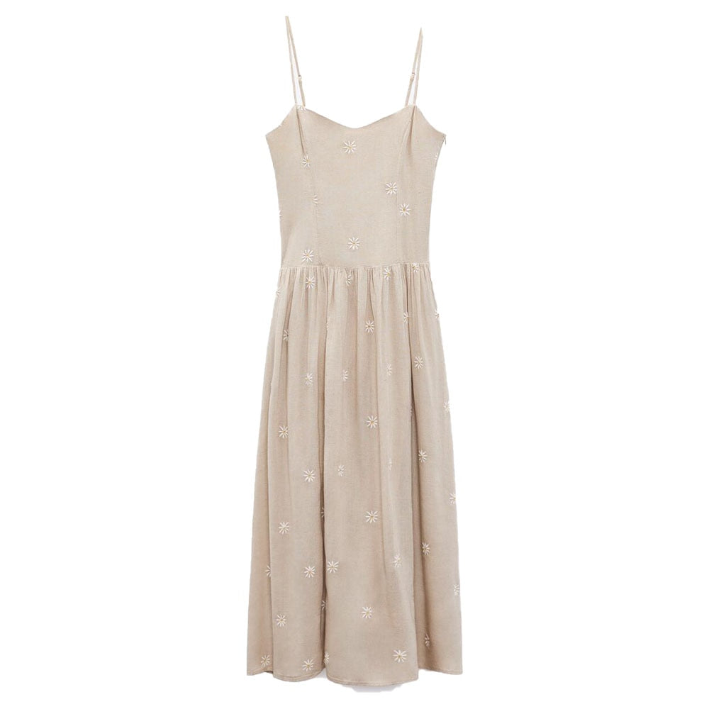 New Ladies Elegant Casual Suspender Embroidered Linen Dress