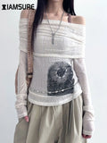 See Through Dark Printed T Shirt Casual Slash Neck Long Sleeve Tees Women Autumn Spring Fashion Streetwear Ladies