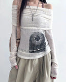 See Through Dark Printed T Shirt Casual Slash Neck Long Sleeve Tees Women Autumn Spring Fashion Streetwear Ladies