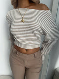 Pbong  Spring new asymmetrical loose casual shoulder striped long sleeved T-shirt top