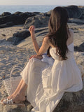 Pbong  White Strapless Summer Dress Women's Chic Loose Waist Long Skirt Korean Style Commute Pure Color Holiday A-Line Gown