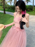 Sexy Prom Elegant 2 Piece Sets For Woman Summer Mesh Floral Slimming Shoulder Backless Holiday Beach Long Suit Fashion New