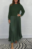 Pbong  Autumn Winter Elegant Patchwork Knitted Sweater Long Dresses Office Ladies O Neck Long Sleeve Mid Waist Pleated Knitting Dresses