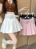 Pbong  Japan Sweet Belt White Pleated Skirt Women Sexy High Waist Mini Skirt Summer Preppy Style Female Casual A Line Pink Skirt