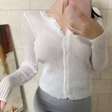 Pbong  Spring Thin Knit Sweater Slightly Transparent Mysterious Buttons Cardigan V-neck Sexy Sun Protection Shirts Korean Slim Elegant