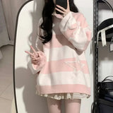 Harajuku Sweet O Neck Long Sleeve Sweaters Y2k Aesthetic Star Design High Street Girl Jumpers American Punk Striped Clothing
