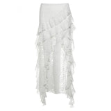 Elegant Tulle Ruffle Skirt Women Boho Lace Vintage White Irregular Skirt Korean Style Summer Layered Mid Skirts Street