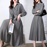 Gray High-quality Long-sleeved Shirt-collar Dress Women's Simple Office with Pockets Work Fashion Dress Autumn Clothes
