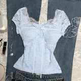 Summer Vintage Apricot Lace Blouse Women Elegant Sweet Bow Slim Fit Tops Female Retro Chic Y2K Fashion Casual Sweet Tees New