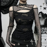 Gothic Mesh Hole Long Sleeve T-Shirts Women's Mock Neck Slim Fit Fishnet Sheer Blouse Cut Out Rave Tops See Through Top