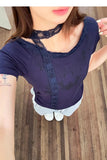 Pbong  O Neck Patchwork Lace Woman Tshirts Korean New Printing Tunic Pleated Tops Fashion Casual Y2k Slim Fit T Shirt