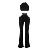 Pbong  Korean Sexy Side Hollow Low Waist Pants Tops Set Punk Design Slim Trousers America Casual Women Camisole Flared Pants Streetwear