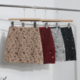 Pbong  New Autumn Winter Women Sequins Mini Skirts Waist Back Zipper Solid Color Above Knee Non Stretch Slim A Line Bling Skirt