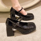 Pbong  Vintage Chunky High Heels Mary Jane Shoes for Women Patent Leather Platform Pumps Woman Square Toe Thick Heel Black Lolita Shoes