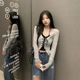 Two Piece Set Lace-up Cardigan with Cami Women's Sexy Slim Y2K Crop Long Sleeve Criss Cross Knit Tops Korean Acubi Outfit