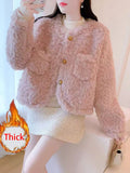 Pink Sweet Faux Lamb Coat Women Winter Warm Long Sleeve Chic Short Coat Korean Elegant Female O Neck Cute Thick Outwear New